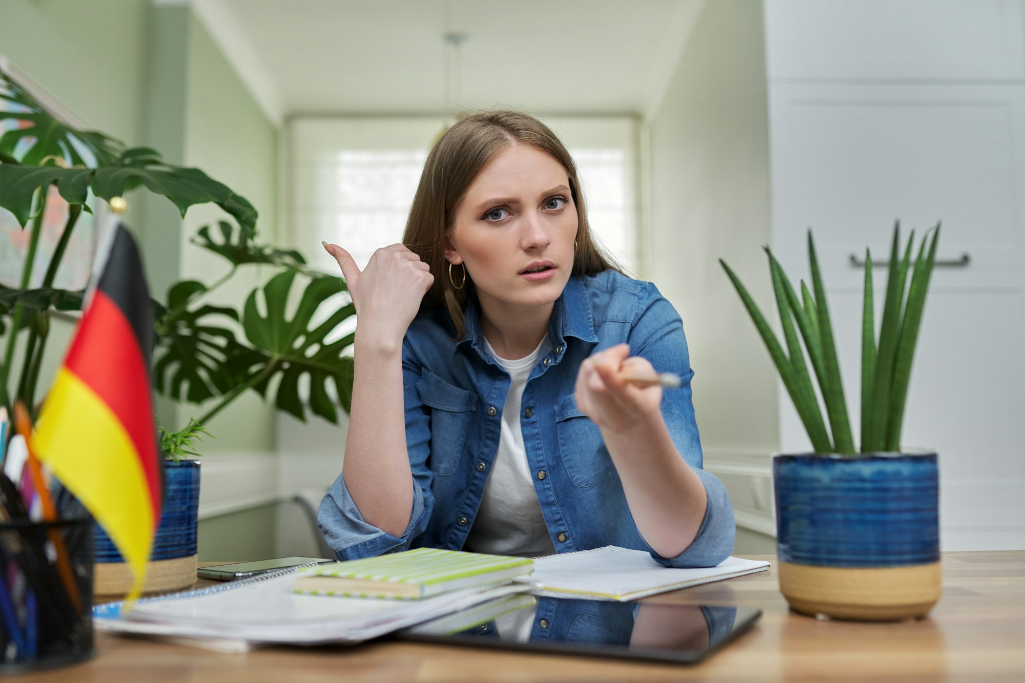 Female student looking talking to webcam, studying German online