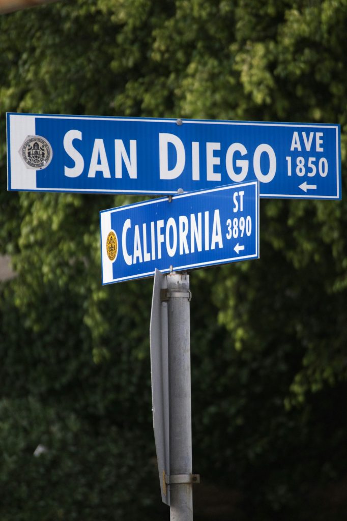 Street signs with the name San Diego and CALIFORNIA.