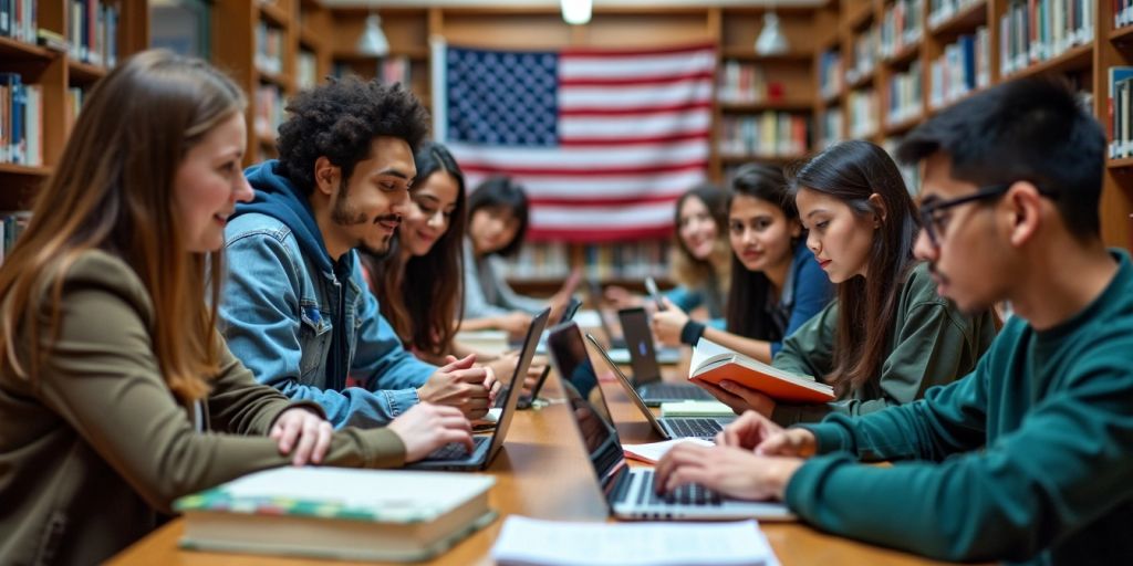 Amerikan üniversitesinde öğrenciler kitap okuyor.