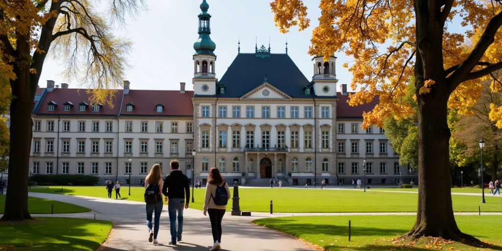 Alman üniversitesi binası ve öğrenciler