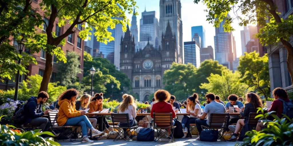 New York'ta üniversite öğrencileri, kampüste ders çalışıyor.